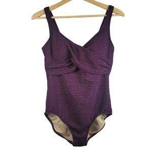 A&H Sportswear One Piece Tank Swimsuit Purple 14W Shelf Bra Crinkly Criss Cross